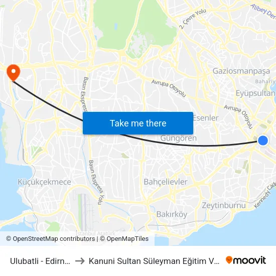 Ulubatli - Edirnekapi Yönü to Kanuni Sultan Süleyman Eğitim Ve Araştırma Hastanesi map