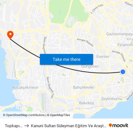 Topkapı (T1) to Kanuni Sultan Süleyman Eğitim Ve Araştırma Hastanesi map