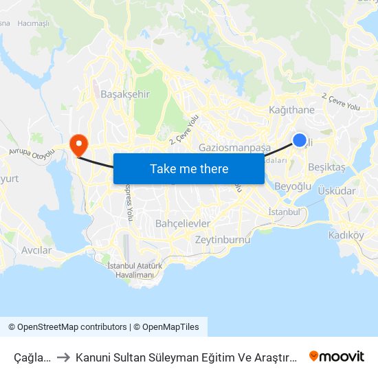 Çağlayan to Kanuni Sultan Süleyman Eğitim Ve Araştırma Hastanesi map