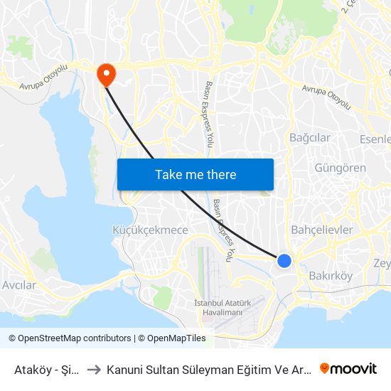 Ataköy - Şirinevler to Kanuni Sultan Süleyman Eğitim Ve Araştırma Hastanesi map