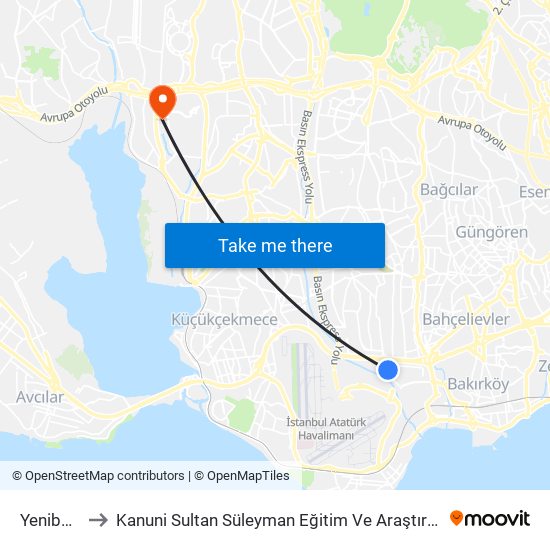 Yenibosna to Kanuni Sultan Süleyman Eğitim Ve Araştırma Hastanesi map