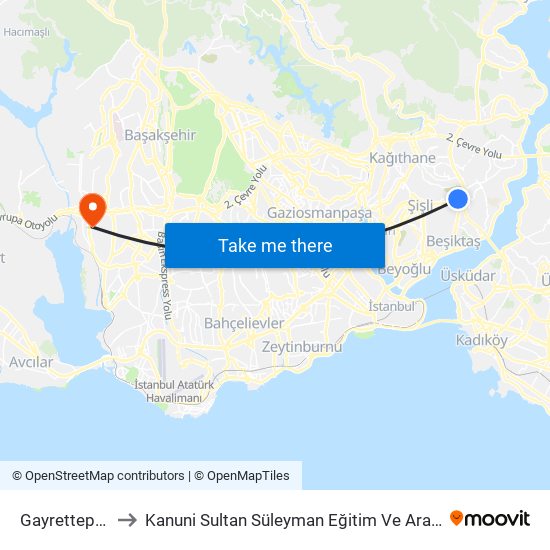 Gayrettepe (M2) to Kanuni Sultan Süleyman Eğitim Ve Araştırma Hastanesi map