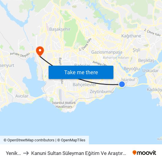 Yenikapı to Kanuni Sultan Süleyman Eğitim Ve Araştırma Hastanesi map
