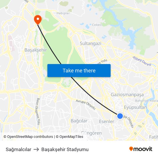 Sağmalcılar to Başakşehir Stadyumu map