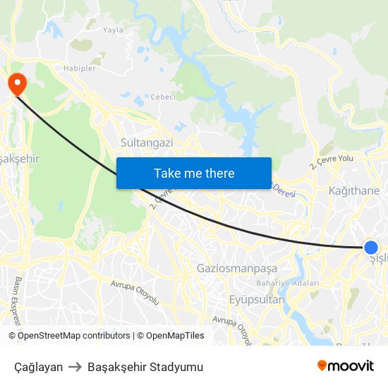 Çağlayan to Başakşehir Stadyumu map