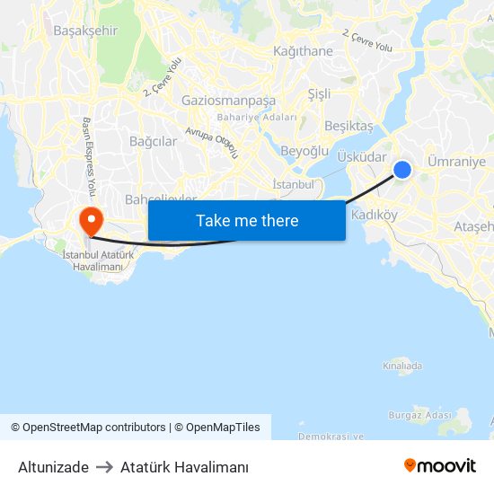 Altunizade to Atatürk Havalimanı map