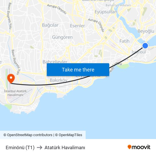 Eminönü (T1) to Atatürk Havalimanı map