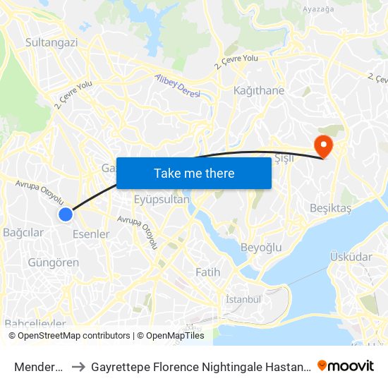 Menderes to Gayrettepe Florence Nightingale Hastanesi map