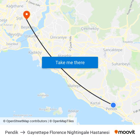 Pendik to Gayrettepe Florence Nightingale Hastanesi map