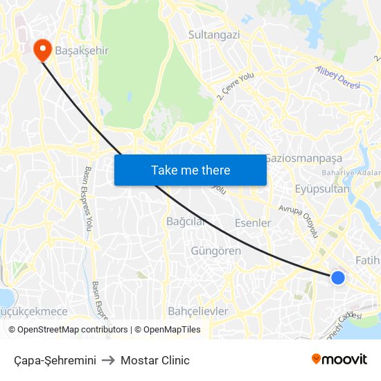 Çapa-Şehremini to Mostar Clinic map