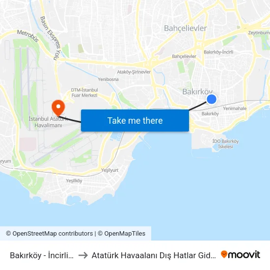 Bakırköy - İncirli Yönü to Atatürk Havaalanı Dış Hatlar Gidiş Peronu map