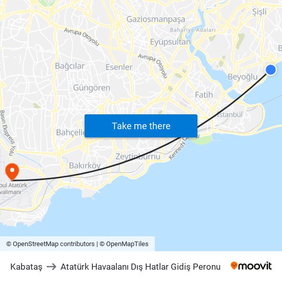 Kabataş to Atatürk Havaalanı Dış Hatlar Gidiş Peronu map