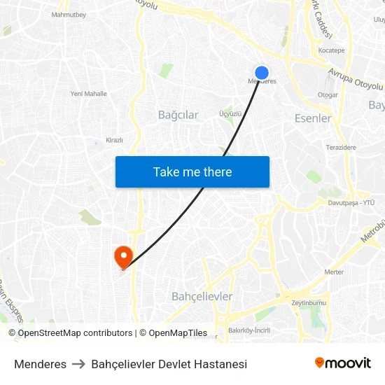 Menderes to Bahçelievler Devlet Hastanesi map