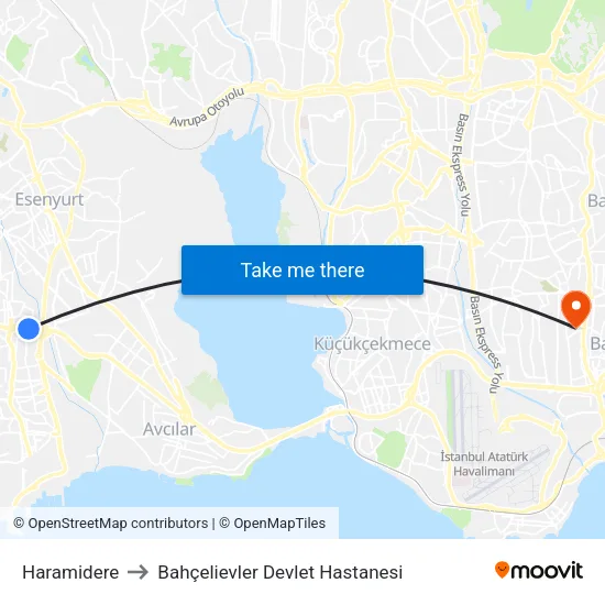 Haramidere to Bahçelievler Devlet Hastanesi map