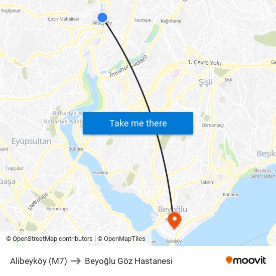 Alibeyköy (M7) to Beyoğlu Göz Hastanesi map
