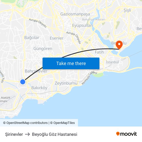 Şirinevler to Beyoğlu Göz Hastanesi map