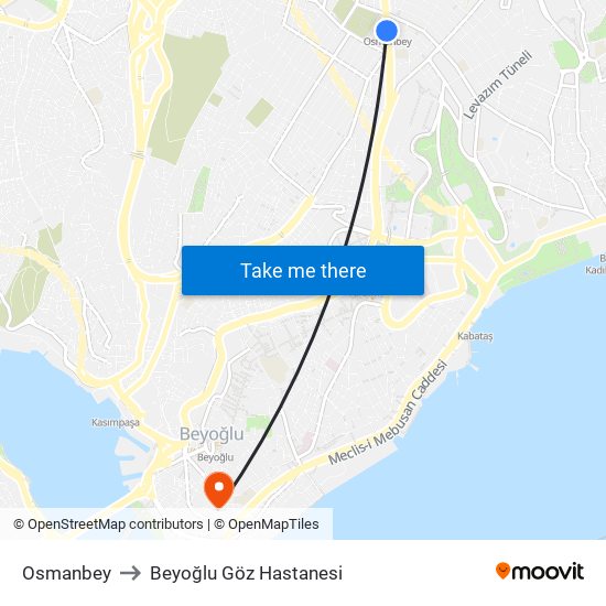 Osmanbey to Beyoğlu Göz Hastanesi map