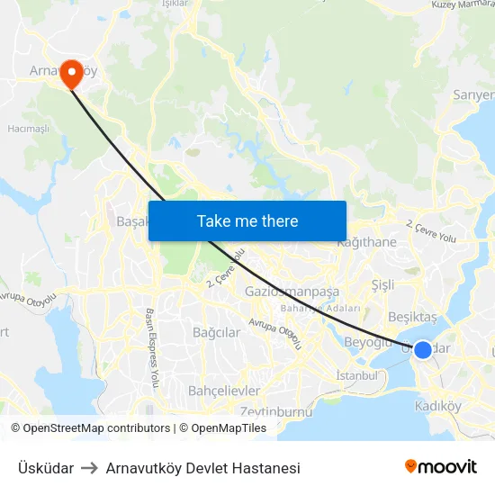 Üsküdar to Arnavutköy Devlet Hastanesi map