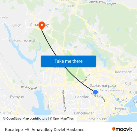 Kocatepe to Arnavutköy Devlet Hastanesi map