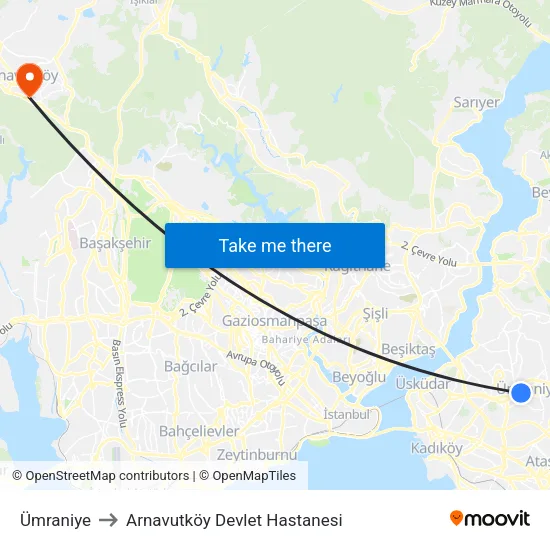 Ümraniye to Arnavutköy Devlet Hastanesi map