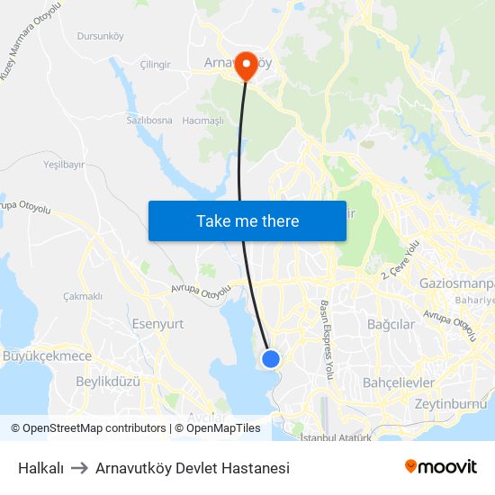 Halkalı to Arnavutköy Devlet Hastanesi map