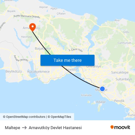 Maltepe to Arnavutköy Devlet Hastanesi map