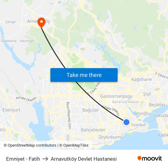 Emniyet - Fatih to Arnavutköy Devlet Hastanesi map