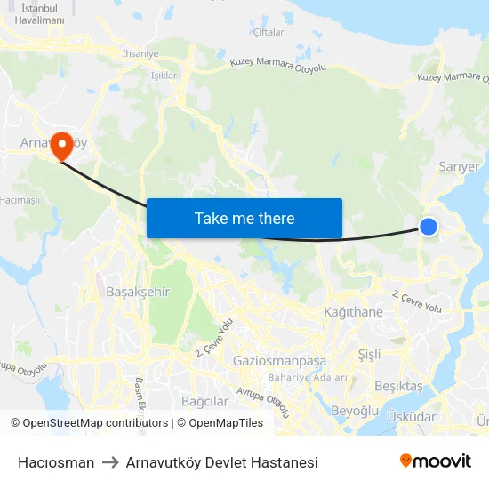 Hacıosman to Arnavutköy Devlet Hastanesi map