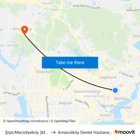 Şişli/Mecidiyeköy (M2) to Arnavutköy Devlet Hastanesi map