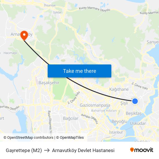 Gayrettepe (M2) to Arnavutköy Devlet Hastanesi map