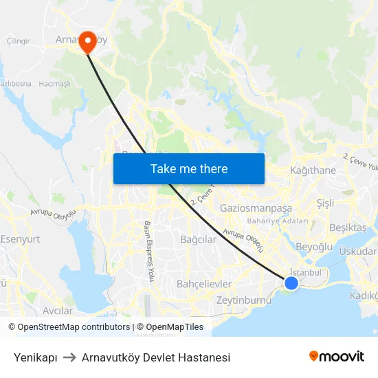 Yenikapı to Arnavutköy Devlet Hastanesi map