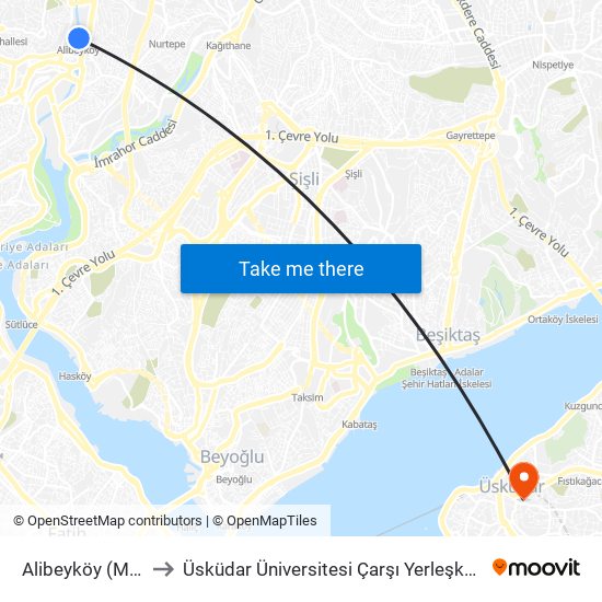 Alibeyköy (M7) to Üsküdar Üniversitesi Çarşı Yerleşkesi map