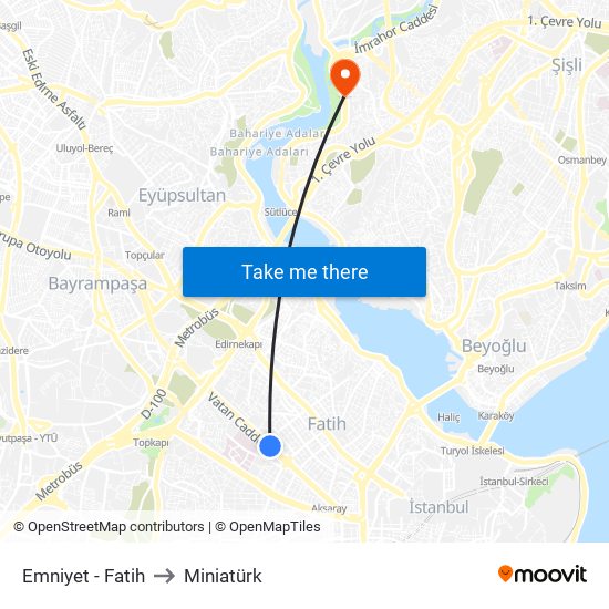 Emniyet - Fatih to Miniatürk map
