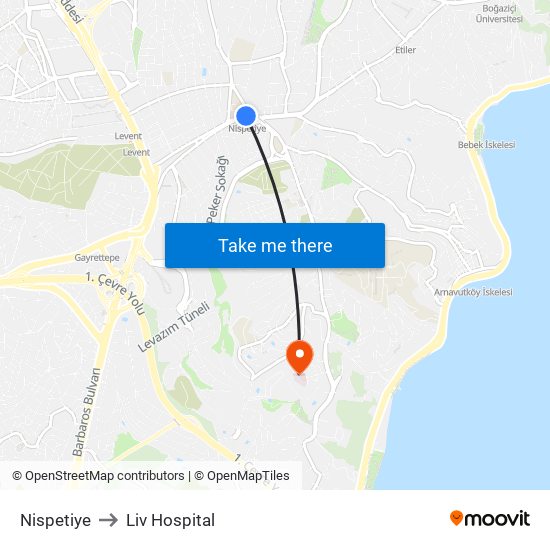 Nispetiye to Liv Hospital map