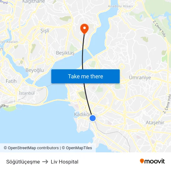 Söğütlüçeşme to Liv Hospital map