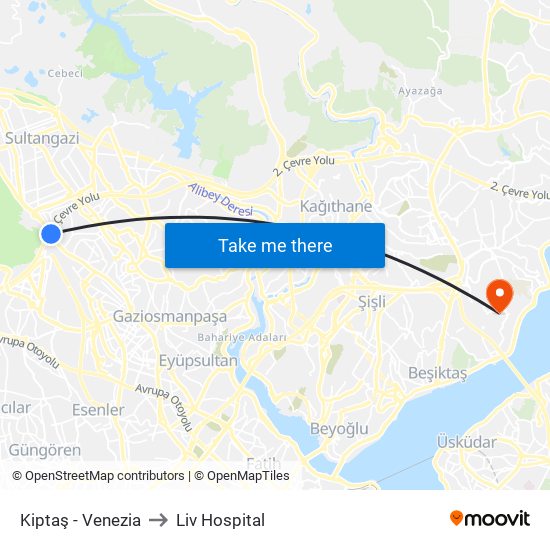 Kiptaş - Venezia to Liv Hospital map