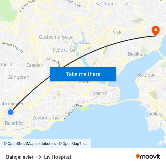 Bahçelievler to Liv Hospital map