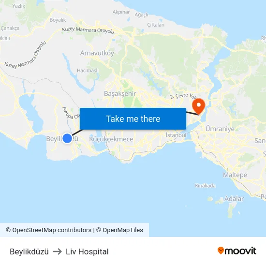 Beylikdüzü to Liv Hospital map