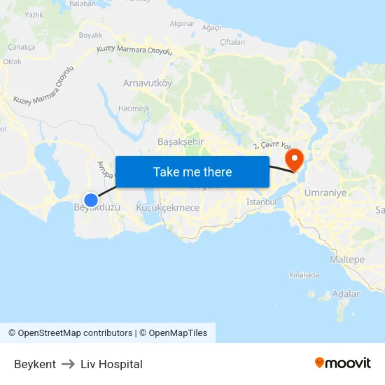 Beykent to Liv Hospital map