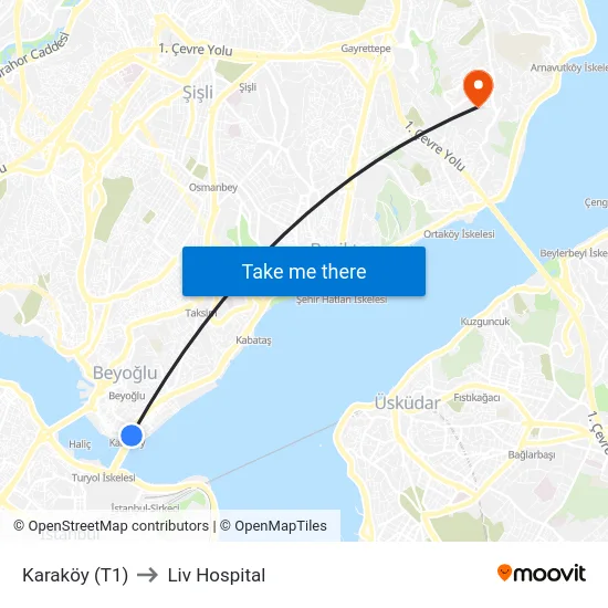 Karaköy (T1) to Liv Hospital map