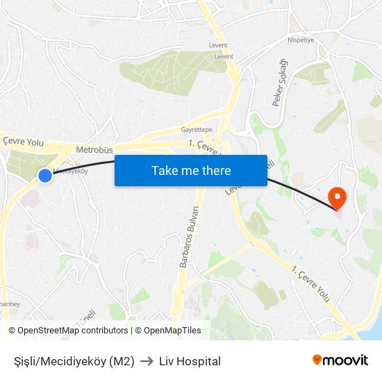 Şişli/Mecidiyeköy (M2) to Liv Hospital map
