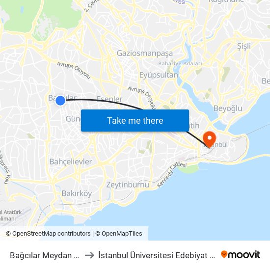 Bağcılar Meydan (M1b) to İstanbul Üniversitesi Edebiyat Fakültesi map