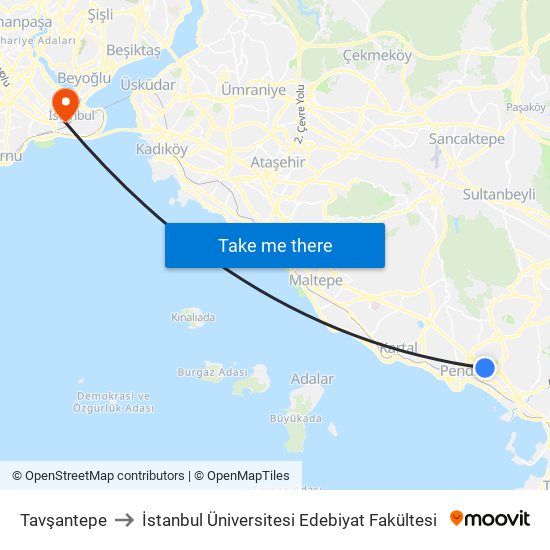 Tavşantepe to İstanbul Üniversitesi Edebiyat Fakültesi map