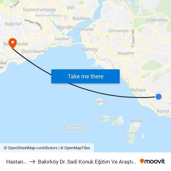 Hastane - Adliye to Bakırköy Dr. Sadi Konuk Eğitim Ve Araştırma Hastanesi Bahçelievler Polikliniği map