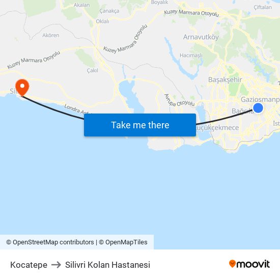 Kocatepe to Silivri Kolan Hastanesi map