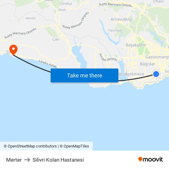 Merter to Silivri Kolan Hastanesi map