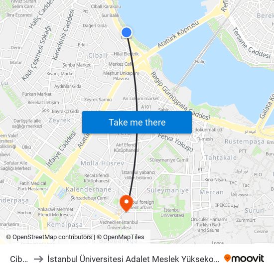 Cibali to İstanbul Üniversitesi Adalet Meslek Yüksekokulu map