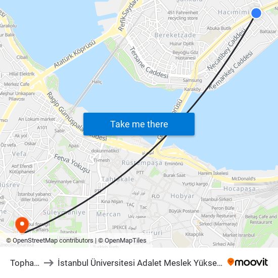 Tophane to İstanbul Üniversitesi Adalet Meslek Yüksekokulu map