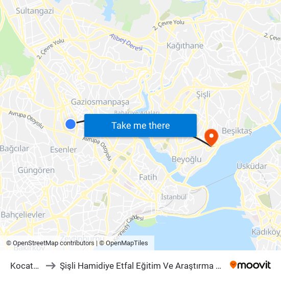 Kocatepe to Şişli Hamidiye Etfal Eğitim Ve Araştırma Hastanesi map