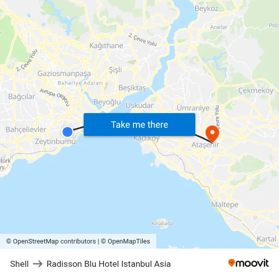 Shell Fuel Station to Radisson Blu Hotel Istanbul Asia map